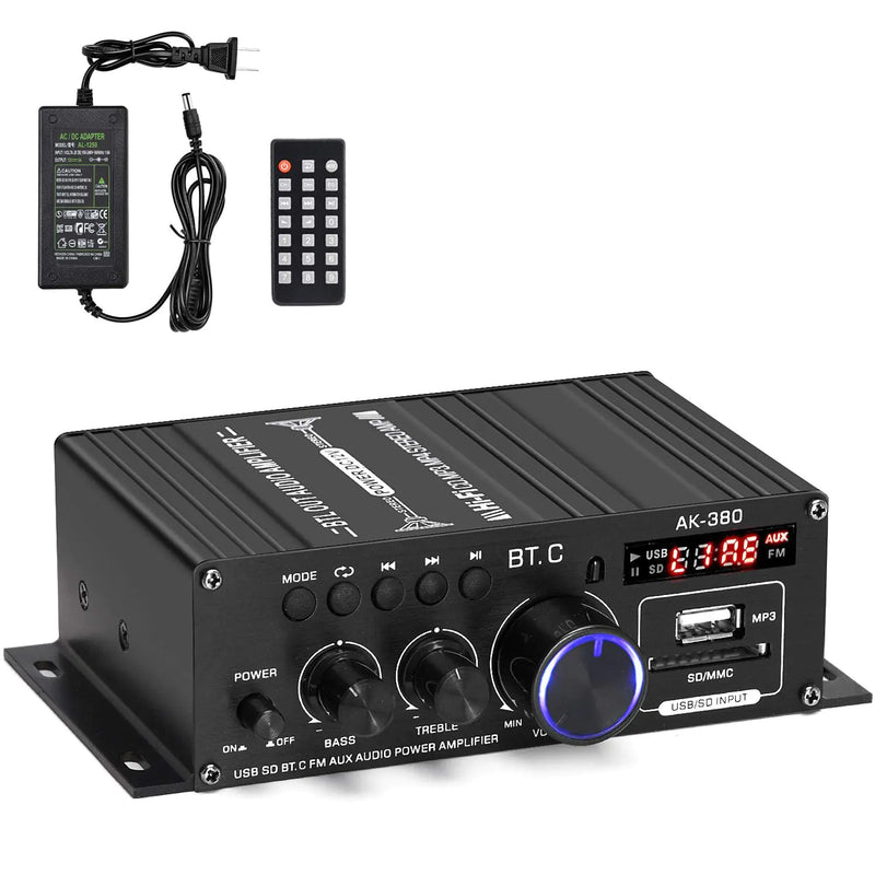 Suacopzar AK-380 Bluetooth 5.0 Home Audio Amplifier Max 400W+400W 2.0CH HiFi Stereo Amplifier with 12V 5A Power Supply Wireless Amplifier Receiver with USB SD BT.C FM AUX for Car Home Bar Garage