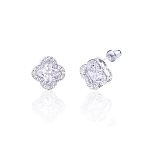 CHERUBIC Womens 925 Sterling Silver AAA Cubic Zirconia Stud Earrings Flower Shape Four-leaf Clover Designs Diamond Cut Crystal Jewelry Gift For Women