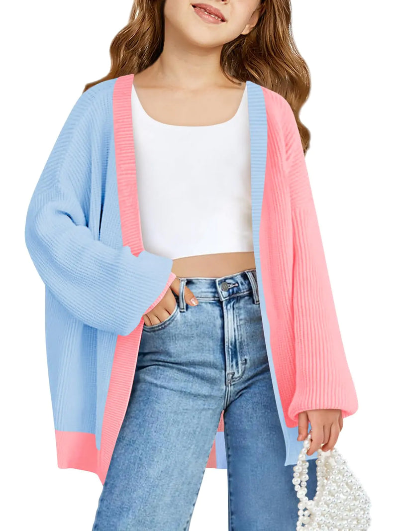 Haloumoning Girls Oversized Batwing Sleeve Cardigan Sweaters Kids Fashion Open Front Color Block Outerwear Sky Blue