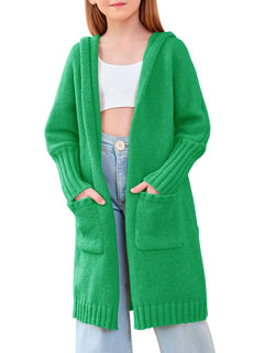 Girls Hooded Long Cardigan Kids Fashion Open Front Knit Sweater Outerwear Coat 5-14 Years Green