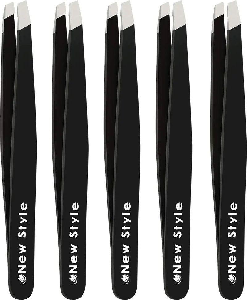 Slant Tweezers (5-Pack) – Professional Slant-Tip Tweezers in Separate Sleeves for Eyebrows and Facial Hair – Stainless Steel Brow Shaping Hair Plucker for Expert Precision Personal Care