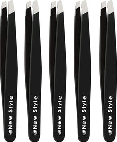 Slant Tweezers (5-Pack) – Professional Slant-Tip Tweezers in Separate Sleeves for Eyebrows and Facial Hair – Stainless Steel Brow Shaping Hair Plucker for Expert Precision Personal Care