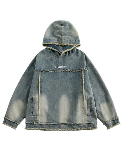 Aelfric Eden Mens Denim Hoodie Oversized Fringe Patchwork Fashion Hooded Sweatshirts Jean Tops Unisex