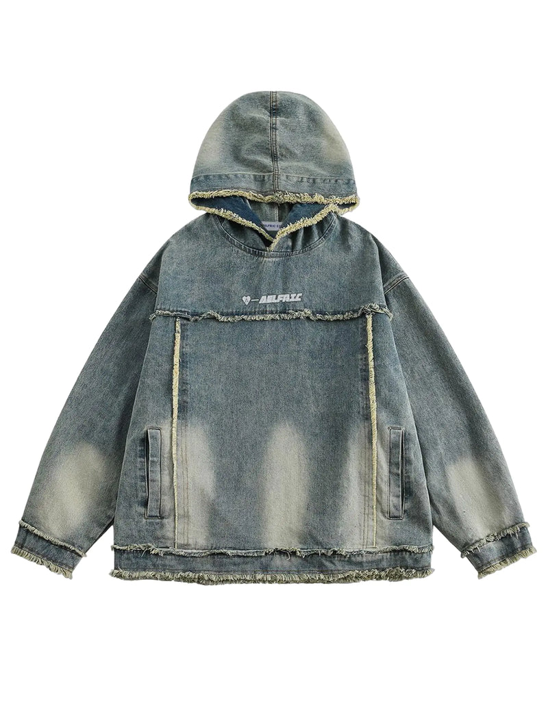 Aelfric Eden Mens Denim Hoodie Oversized Fringe Patchwork Fashion Hooded Sweatshirts Jean Tops Unisex