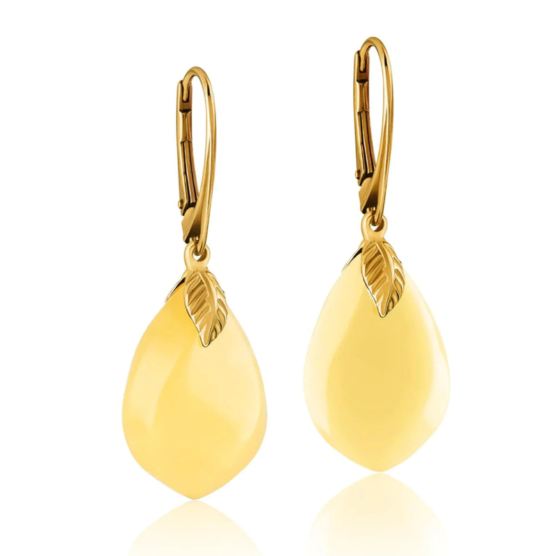 Amber by Mazukna - Gold Plated Silver Leaf Fitting and Closure Lightweight Edgy Semi-Precious Stone Jewelry for Ladies 1.69x0.59inch 0.19oz Yellow Amber Dangle Womens Earrings