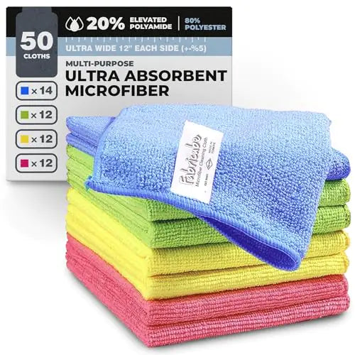 Fabricube Turkish Microfiber Cleaning Cloth of 4 Colors | 20% Polyamide for Elevated Liquid Suction | Must Have Drying Supply for Kitchen and Home Accessories | Rags with Reinforced Edges Pack of 50