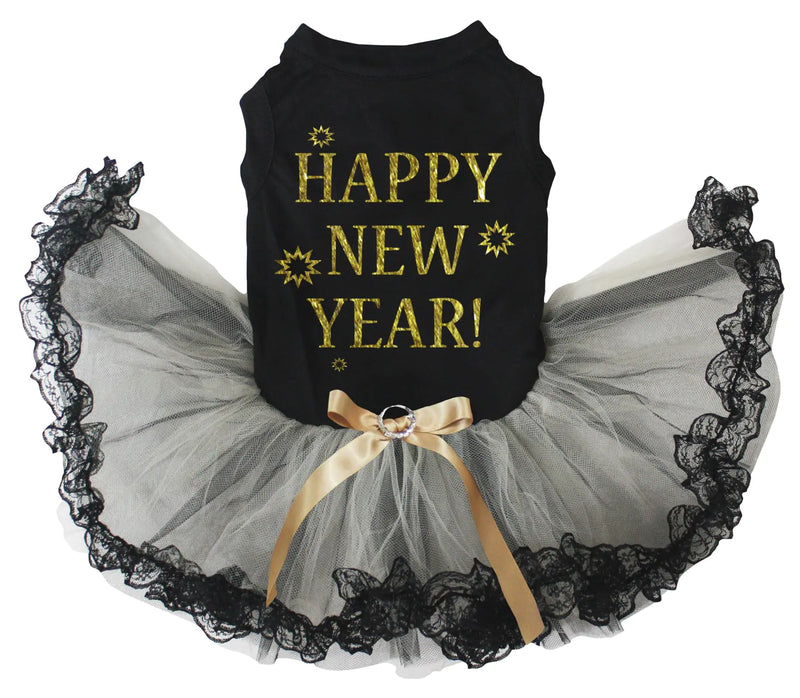 Petitebella Happy New Year Puppy Dog Dress (Black/Gold Black Lace XXX-Large)