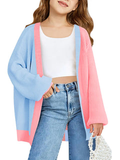 Haloumoning Girls Oversized Batwing Sleeve Cardigan Sweaters Kids Fashion Open Front Color Block Outerwear Sky Blue