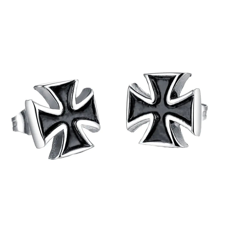 PAURO Jewelry Mens Stainless Steel Vintage Cross Stud Earrings Silver and Black