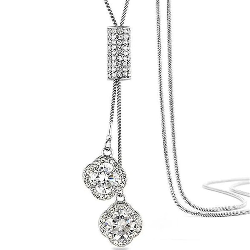 Z-Jeris Womens Crystal Flower Jewelry Tassel Pendant Long Chain Necklace (Silver)