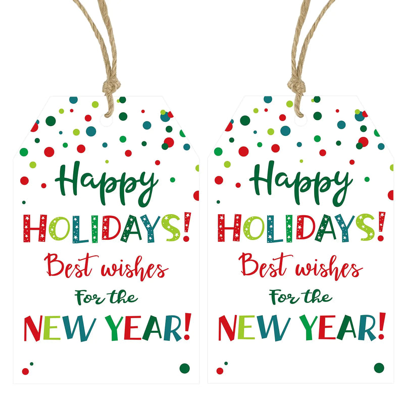 Anwyll Holiday Gift Tags Design with String50Pcs Happy Holidays Gift TagsMerry Christmas Gift TagsBest Wishes for Happy New Year Gift TagsColorful Gift Wrap Tag for Present Holiday Christmas Party