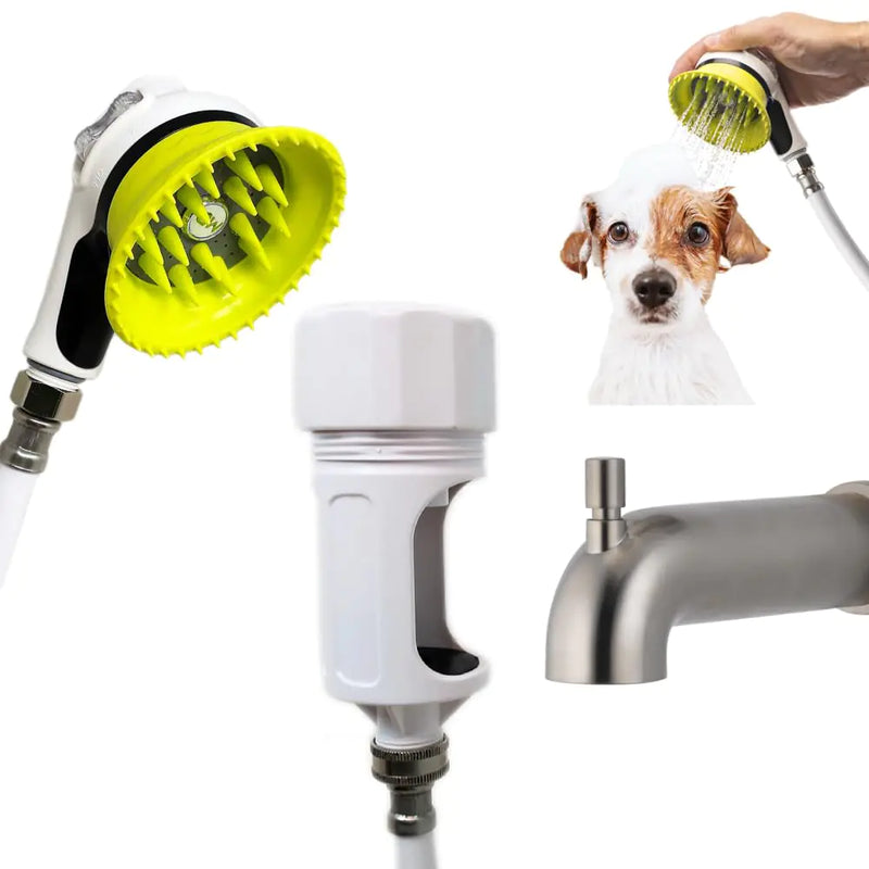 Wondurdog LARGE Sized Bathtub Spout and Garden Hose Attachment Dog Wash Kit w/Splash Shield and Rubber Scrubbing Teeth. Tub Spouts with Front Pull Up Diverter Only. Max Height 3.20