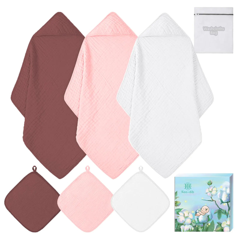 Baby Towels for Newborn Baby Bath & Hooded Towels Boys & Girls Muslin Cotton Baby Towels for Baby Bath Essentials 6 Pcs Baby Washcloths & Towels Set for Baby Girl Boy Shower Gifts