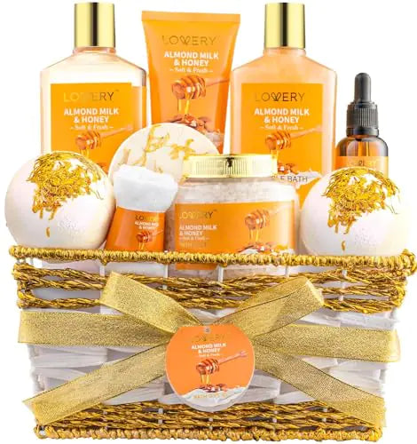 Gift Basket for Women - 10 Pc Almond Milk & Honey Beauty & Personal Care Set - Home Bath Pampering Package for Relaxing - Spa Self Care Kit - Thank You Birthday Mom Anniversary Gift