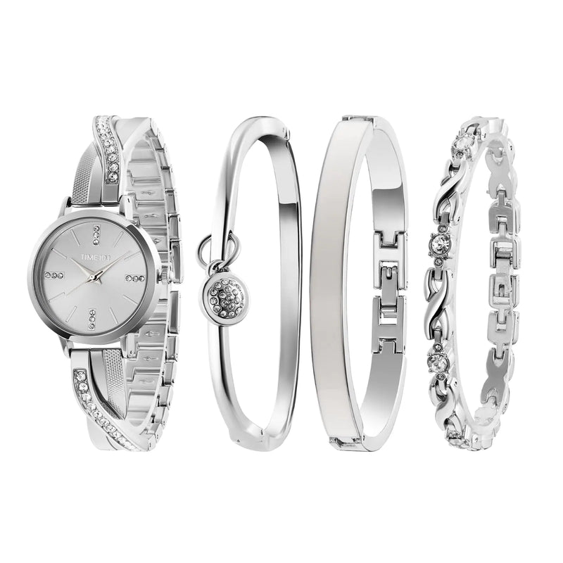 TIME100 Womens Bangle Watch and Silver Watch Chain Bracelets Premium Crystal Accented Bracelet Set W50888L