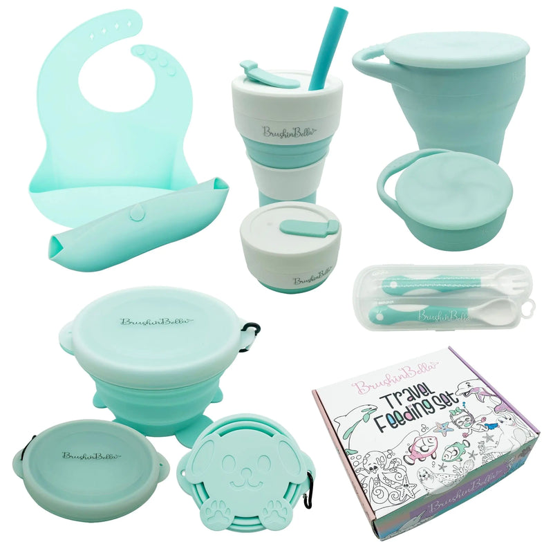 BrushinBella Baby Feeding Set - Collapsible Feeding Supplies for Travel - Food Grade Silicone Suction Baby Bowl Baby Plate Baby Bib Baby Spoons First Stage - Cute Baby Eating Supplies Toddler Gift