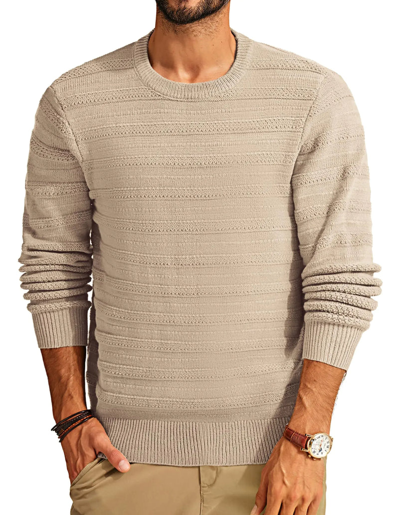 PJ PAUL JONES Mens Textured Knit Sweaters Fashion Crewneck Pullover Sweaters Fitted Knitwear Khaki